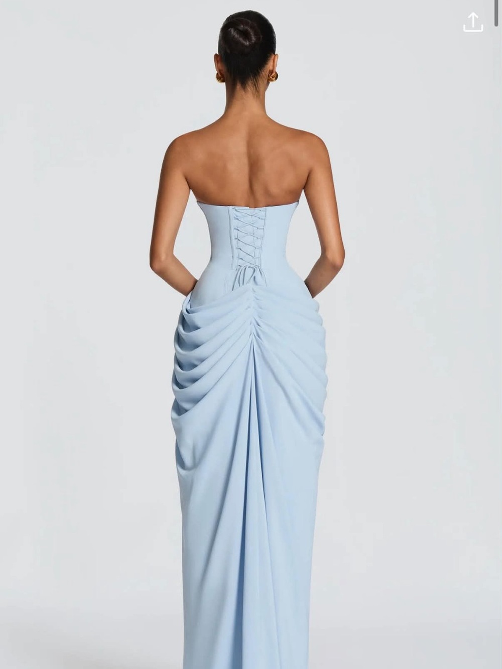 Strapless Light Blue Draped Evening Dress with High Slit - Picture 3 of 9